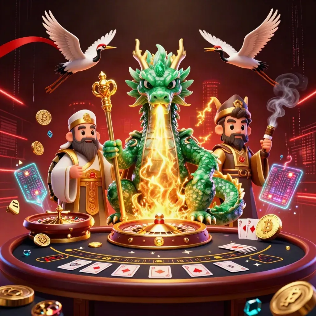 Naga giok, kura bijak, dan bangau di meja kasino mewah dengan roulette dan cahaya emas