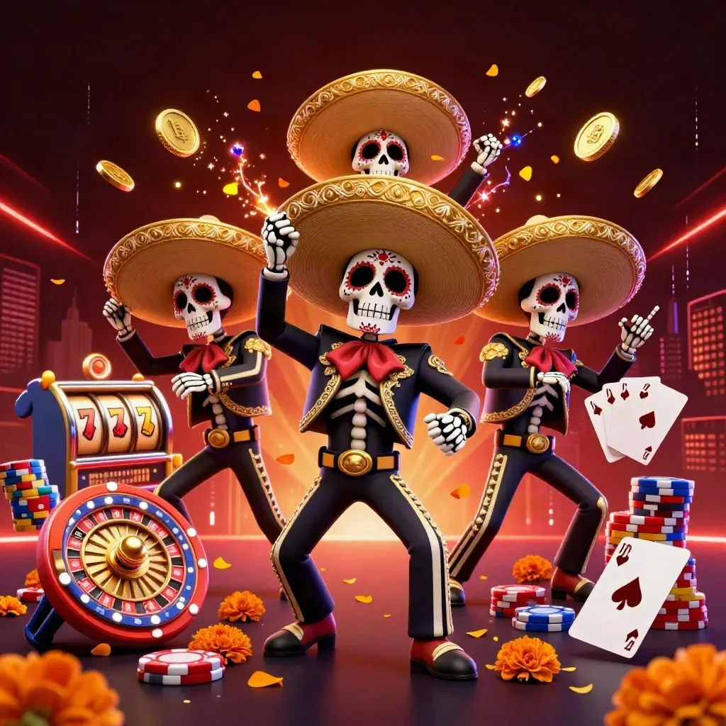 Tiga skeleton mariachi melempar koin, kartu poker, dan cahaya neon di latar kota gelap.