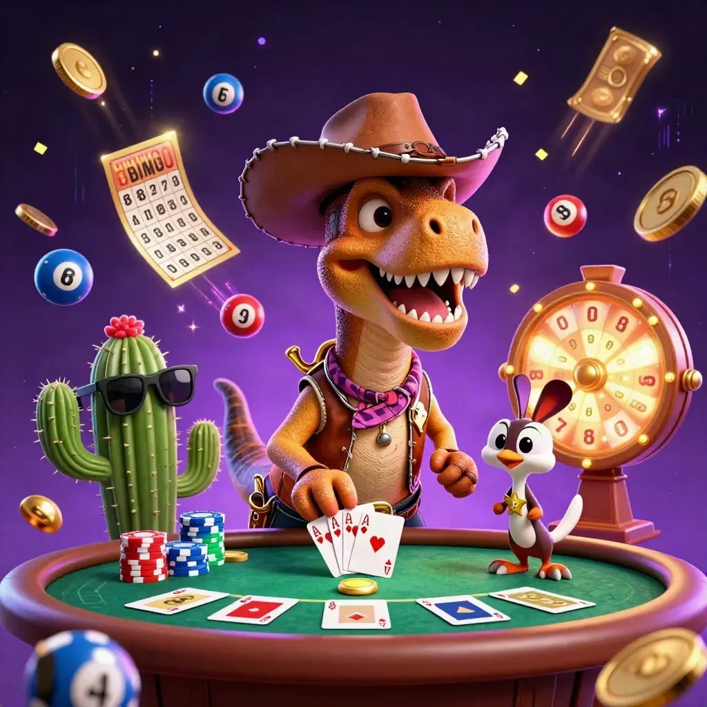 T-Rex koboi, kaktus berkacamata, dan burung roadrunner dikelilingi koin, roda hadiah, dan kartu poker emas.