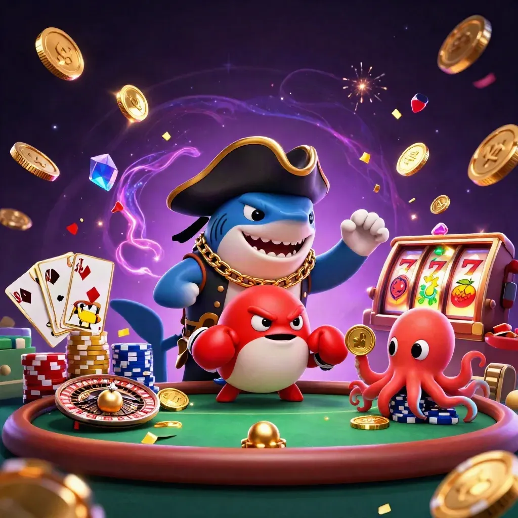 Hiu bajak laut, ikan buntal, dan gurita bayi bermain poker di latar kasino mewah